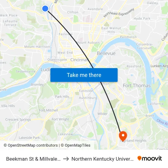 Beekman St & Millvale Ct to Northern Kentucky University map