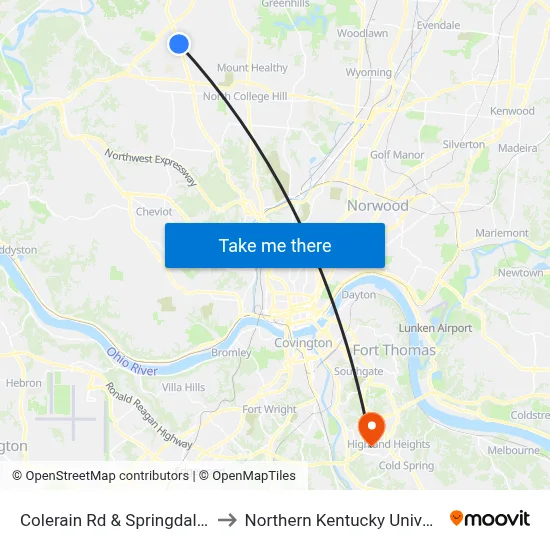 Colerain Rd & Springdale Rd to Northern Kentucky University map