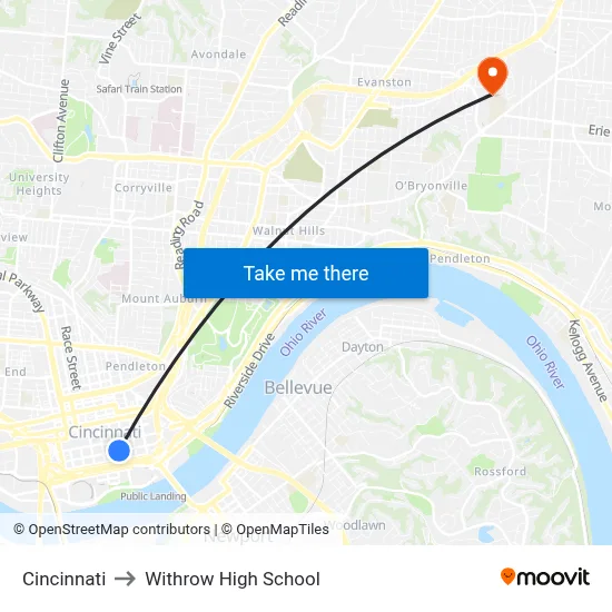 Cincinnati to Withrow High School map