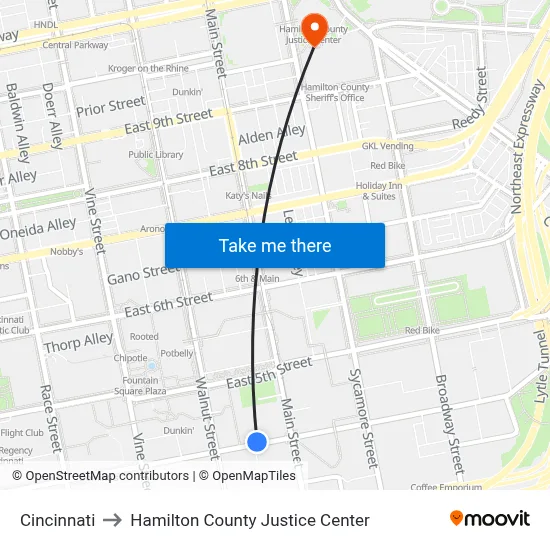 Cincinnati to Hamilton County Justice Center map