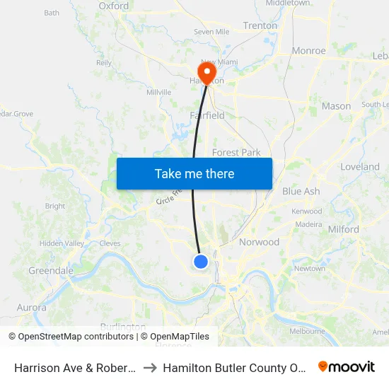 Harrison Ave & Robert Ave to Hamilton Butler County OH USA map
