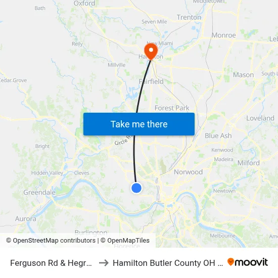 Ferguson Rd & Hegry Cir to Hamilton Butler County OH USA map