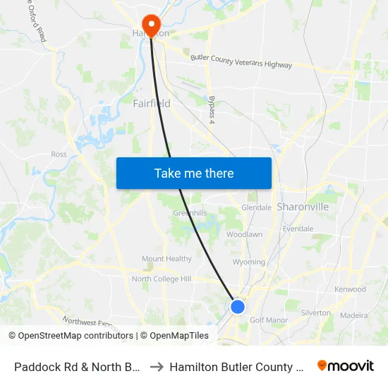 Paddock Rd & North Bend Rd to Hamilton Butler County OH USA map