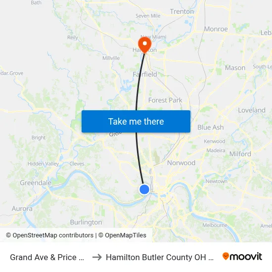 Grand Ave & Price Ave to Hamilton Butler County OH USA map