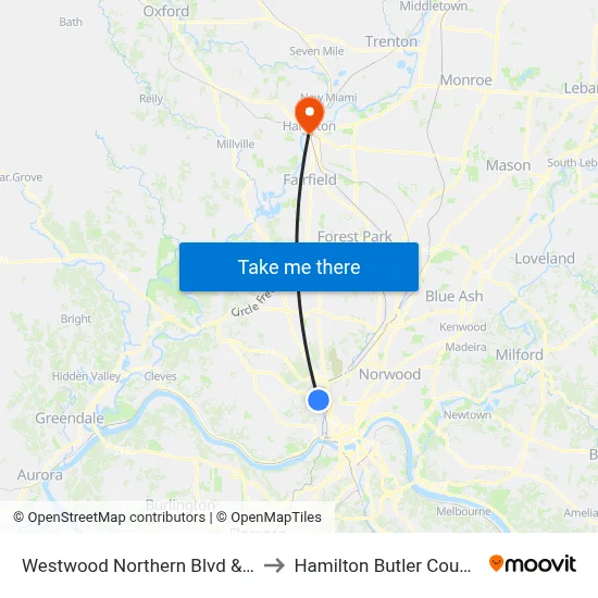 Westwood Northern Blvd & Moosewood to Hamilton Butler County OH USA map