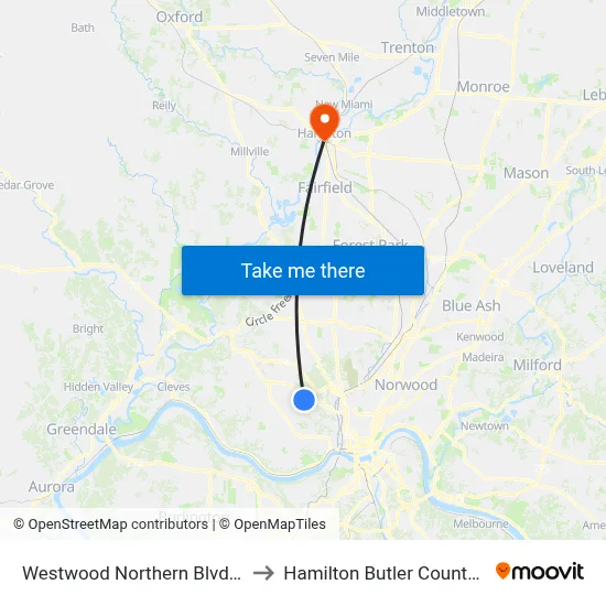 Westwood Northern Blvd & Millrich to Hamilton Butler County OH USA map