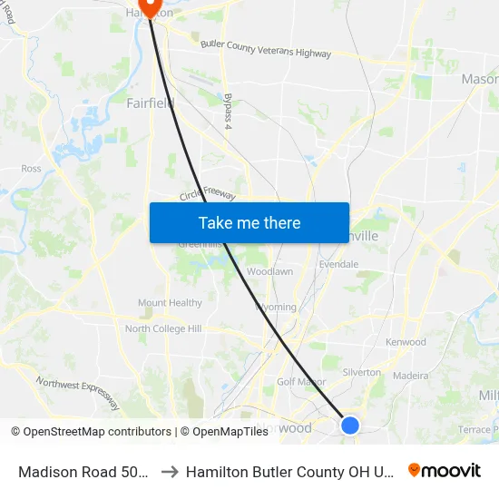 Madison Road 5019 to Hamilton Butler County OH USA map