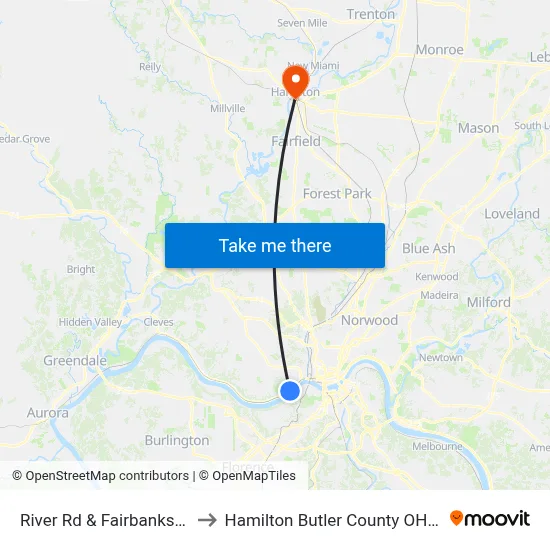 River Rd & Fairbanks Ave to Hamilton Butler County OH USA map