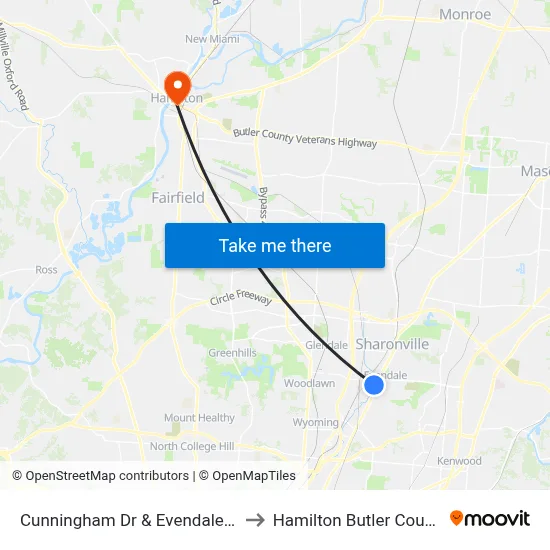 Cunningham Dr & Evendale Commons Dr to Hamilton Butler County OH USA map