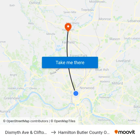 Dixmyth Ave & Clifton Ave to Hamilton Butler County OH USA map