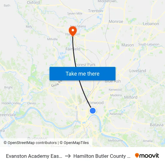 Evanston Academy Eastbound to Hamilton Butler County OH USA map
