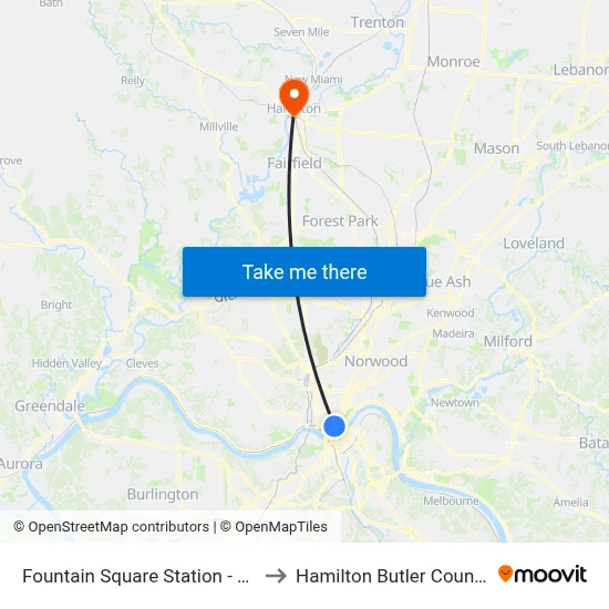 Fountain Square Station - 5th & Walnut to Hamilton Butler County OH USA map