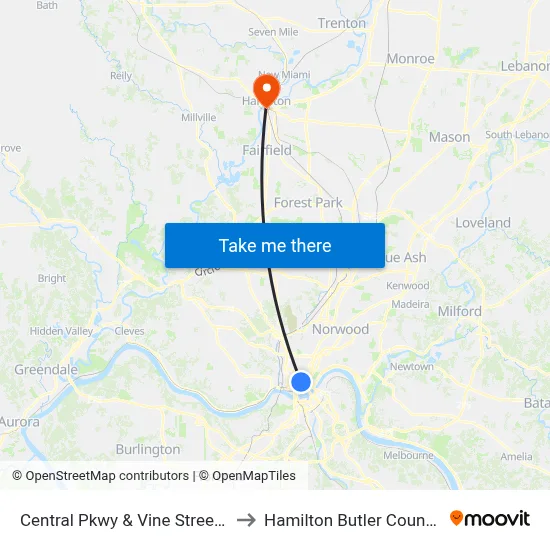 Central Pkwy & Vine Streetcar Station to Hamilton Butler County OH USA map