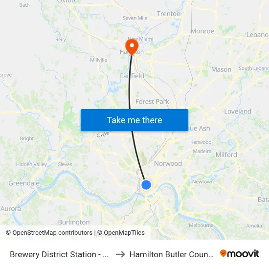 Brewery District Station - Elm & Henry to Hamilton Butler County OH USA map