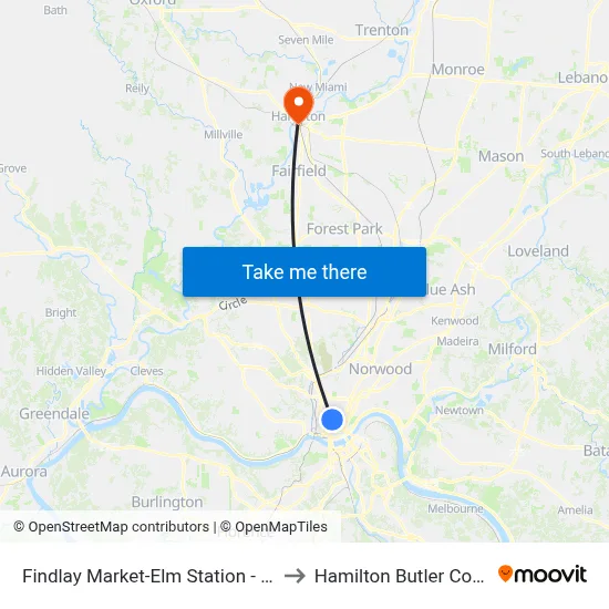 Findlay Market-Elm Station - Elm & Glass Alley to Hamilton Butler County OH USA map