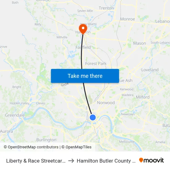 Liberty & Race Streetcar Station to Hamilton Butler County OH USA map