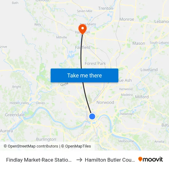Findlay Market-Race Station - Race & Elder to Hamilton Butler County OH USA map