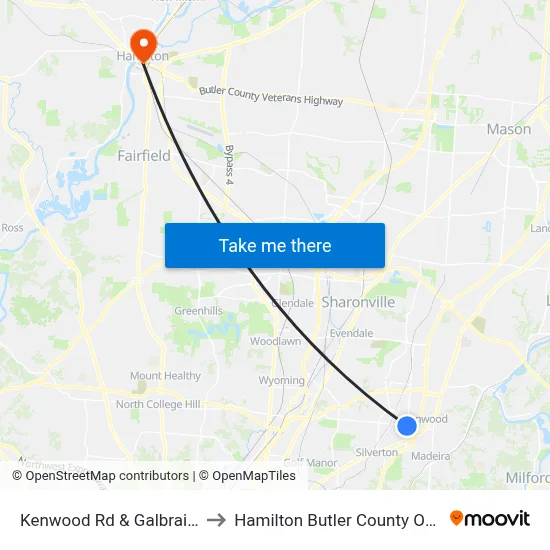 Kenwood Rd & Galbraith Rd to Hamilton Butler County OH USA map