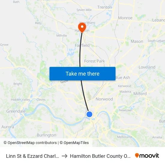 Linn St & Ezzard Charles Dr to Hamilton Butler County OH USA map
