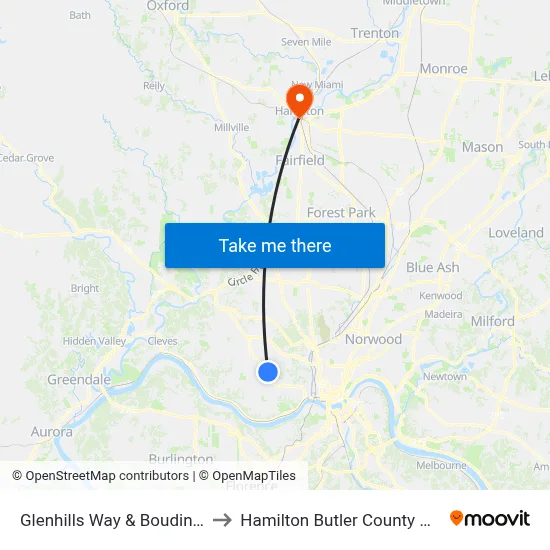 Glenhills Way & Boudinot Ave to Hamilton Butler County OH USA map