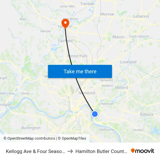 Kellogg Ave & Four Seasons Marina to Hamilton Butler County OH USA map