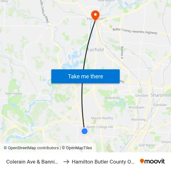 Colerain Ave & Banning Rd to Hamilton Butler County OH USA map