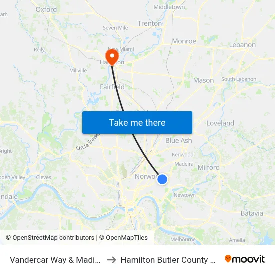 Vandercar Way & Madison Rd to Hamilton Butler County OH USA map