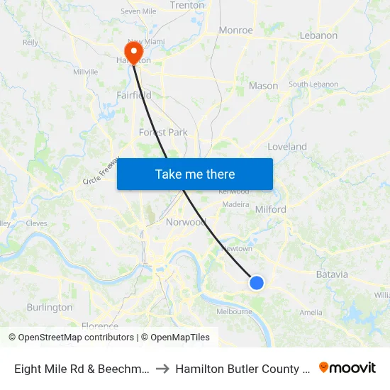 Eight Mile Rd & Beechmont Ave to Hamilton Butler County OH USA map