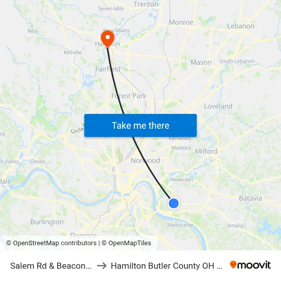 Salem Rd & Beacon Rd to Hamilton Butler County OH USA map