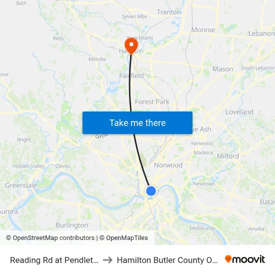 Reading Rd at Pendleton St to Hamilton Butler County OH USA map