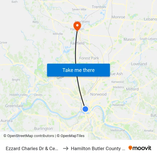 Ezzard Charles Dr & Central Ave to Hamilton Butler County OH USA map