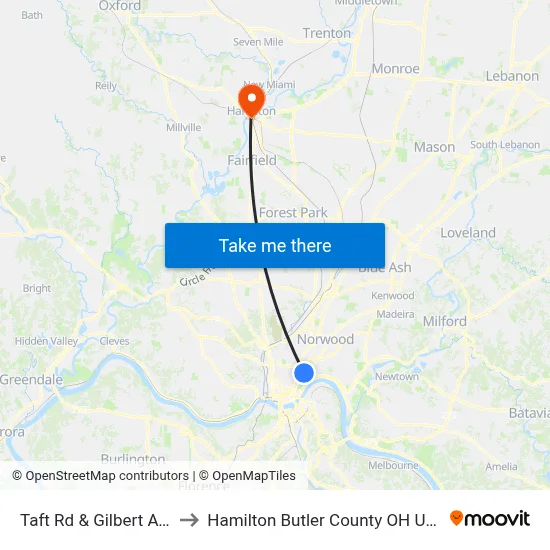 Taft Rd & Gilbert Ave to Hamilton Butler County OH USA map