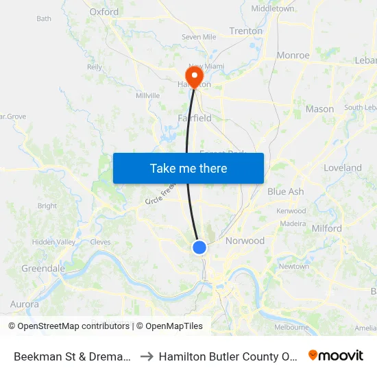 Beekman St & Dreman Ave to Hamilton Butler County OH USA map