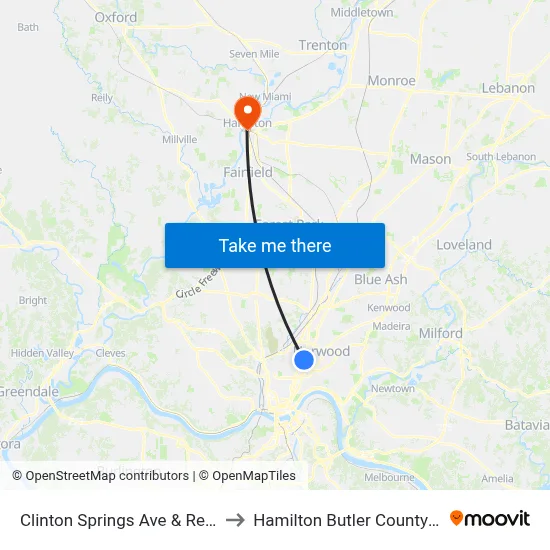 Clinton Springs Ave & Reading Rd to Hamilton Butler County OH USA map