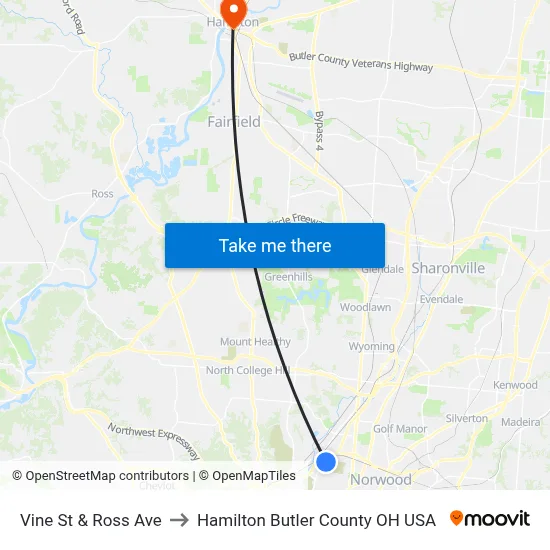 Vine St & Ross Ave to Hamilton Butler County OH USA map