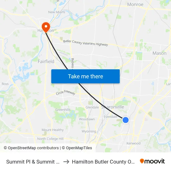 Summit Pl & Summit Pkwy to Hamilton Butler County OH USA map