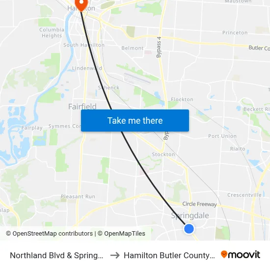 Northland Blvd & Springfield Pike to Hamilton Butler County OH USA map