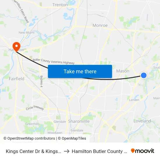 Kings Center Dr & Kings Mill Rd to Hamilton Butler County OH USA map