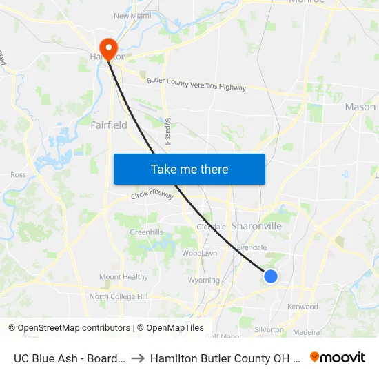 UC Blue Ash - Boarding to Hamilton Butler County OH USA map