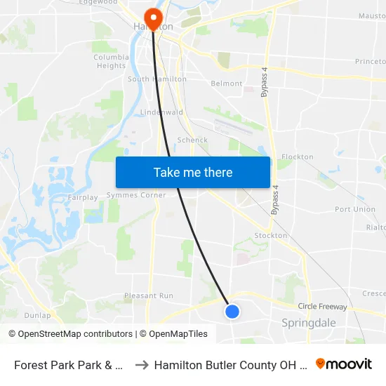 Forest Park Park & Ride to Hamilton Butler County OH USA map