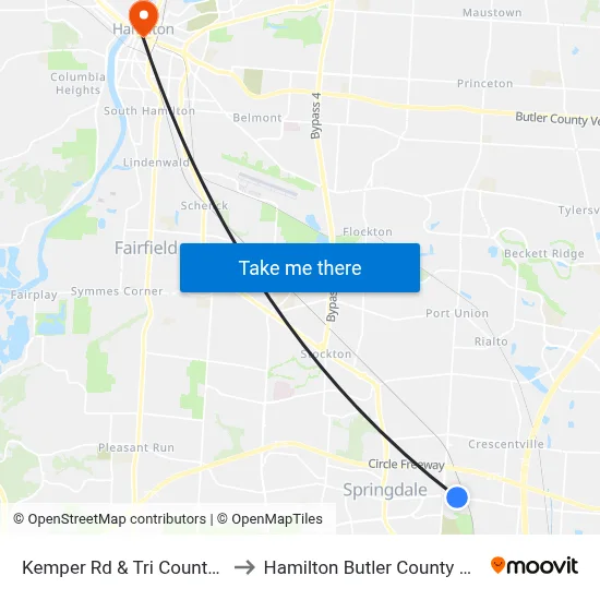 Kemper Rd & Tri County Pkwy to Hamilton Butler County OH USA map