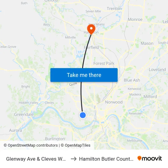 Glenway Ave & Cleves Warsaw Pike to Hamilton Butler County OH USA map