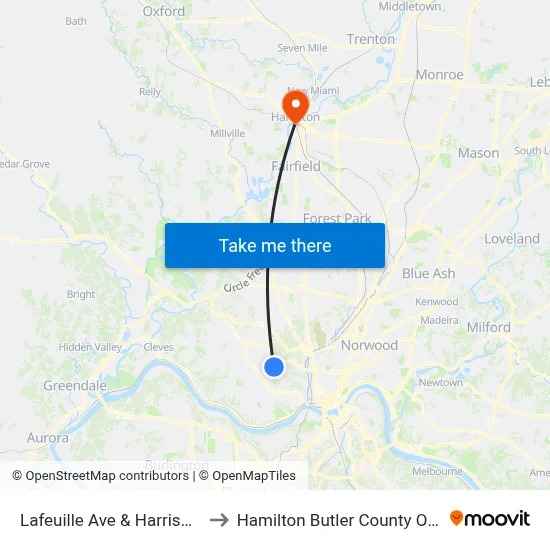 Lafeuille Ave & Harrison Ave to Hamilton Butler County OH USA map