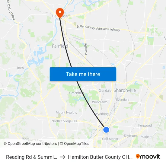 Reading Rd & Summit Rd to Hamilton Butler County OH USA map