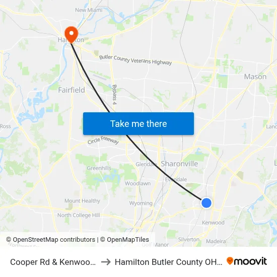 Cooper Rd & Kenwood Rd to Hamilton Butler County OH USA map