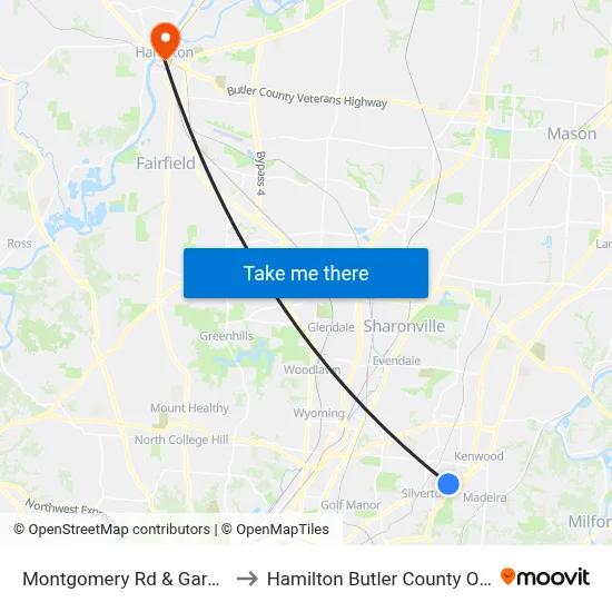 Montgomery Rd & Garden Rd to Hamilton Butler County OH USA map
