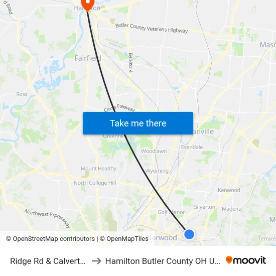 Ridge Rd & Calvert St to Hamilton Butler County OH USA map