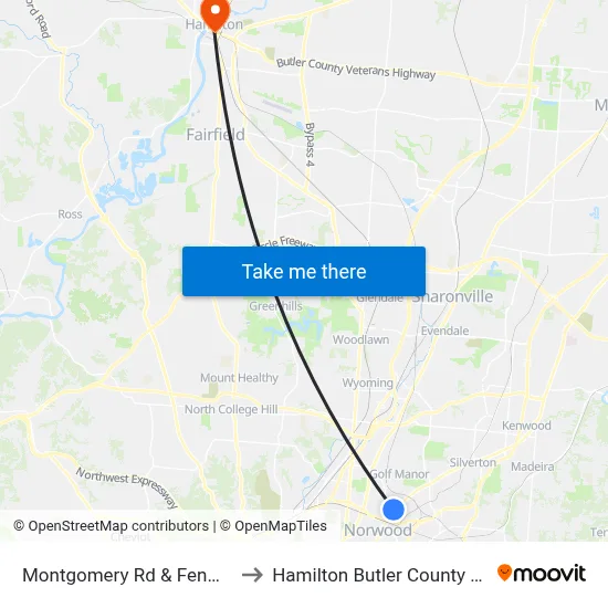 Montgomery Rd & Fenwick Ave to Hamilton Butler County OH USA map