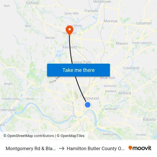 Montgomery Rd & Blair Ave to Hamilton Butler County OH USA map
