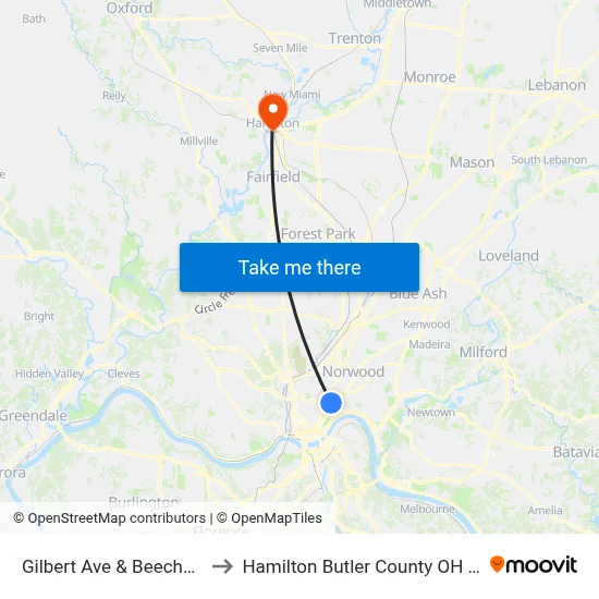Gilbert Ave & Beecher St to Hamilton Butler County OH USA map